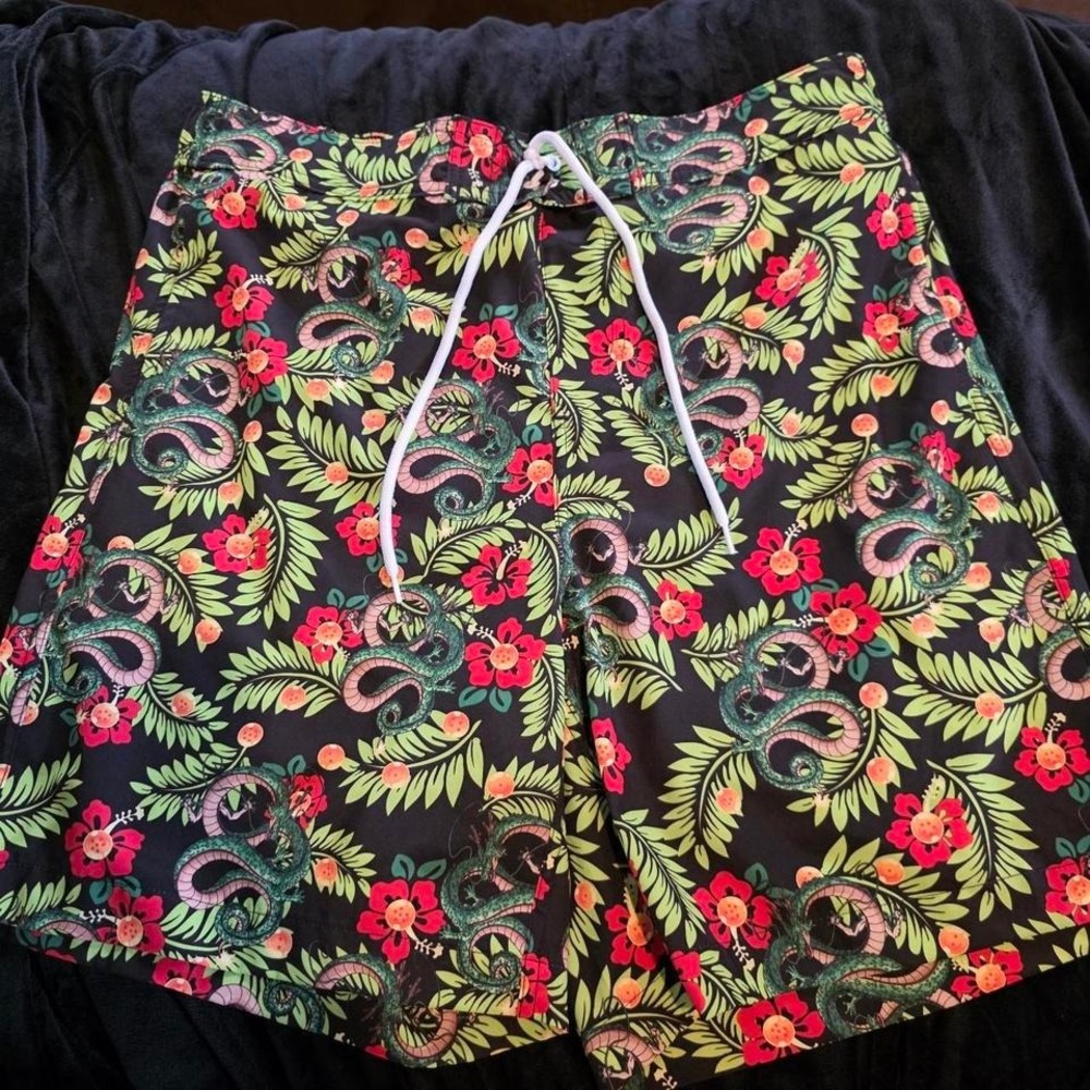 Dragon Ball Z Swim Trunks Men M Board Shorts Lined Hawaiian Shenron Dragon Black